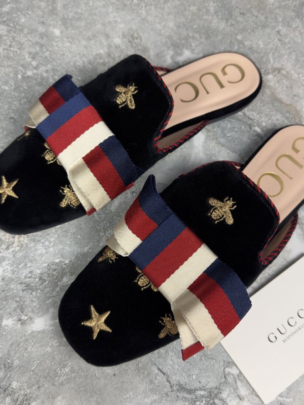 Gucci Princetown Embroidered Bees Stars Mule Flat Black Velvet 7.5 US 37.5 EUR